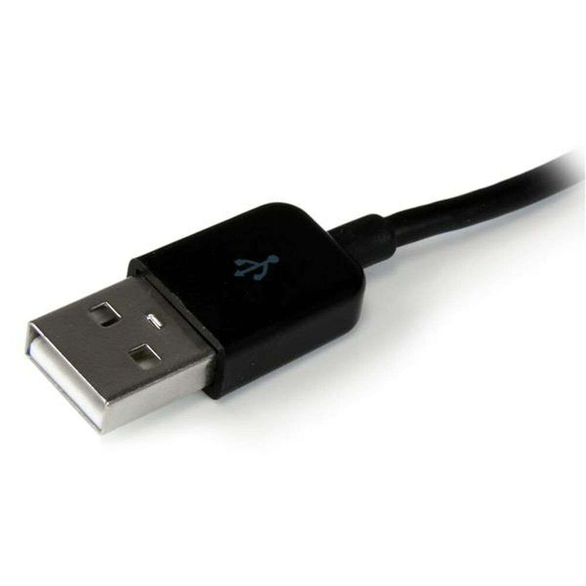 Conector de cable USB. Negro con el símbolo USB. Fondo blanco.