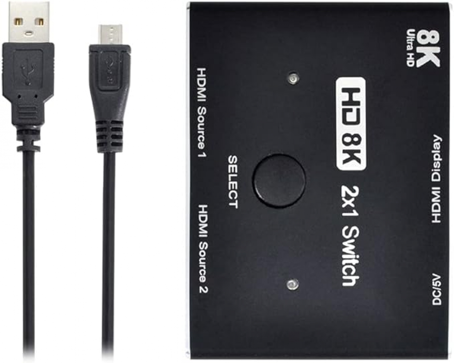 Caja de conmutación HDMI 8K negra y cables, con conexiones USB y micro-USB.