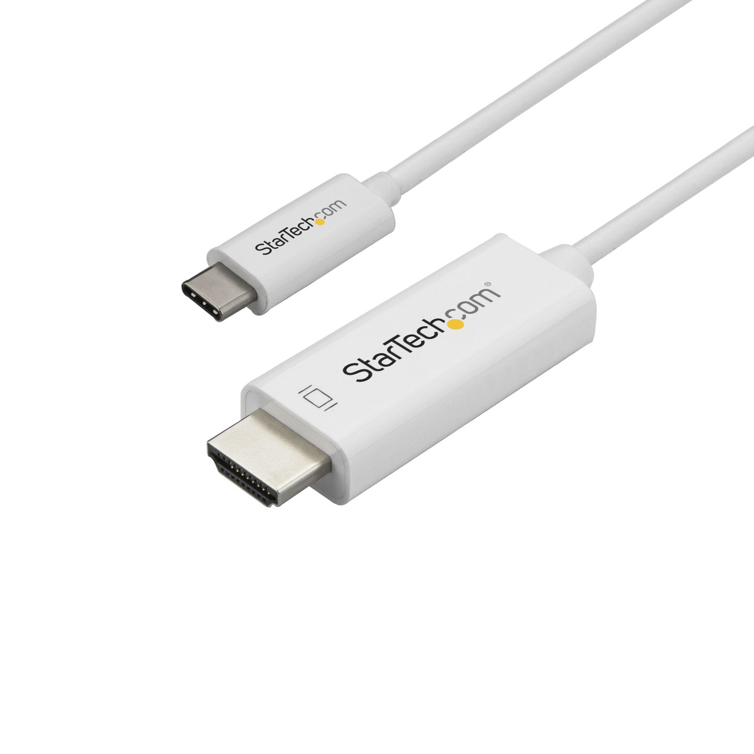 Cable StarTech.com blanco con conectores USB-C y HDMI.