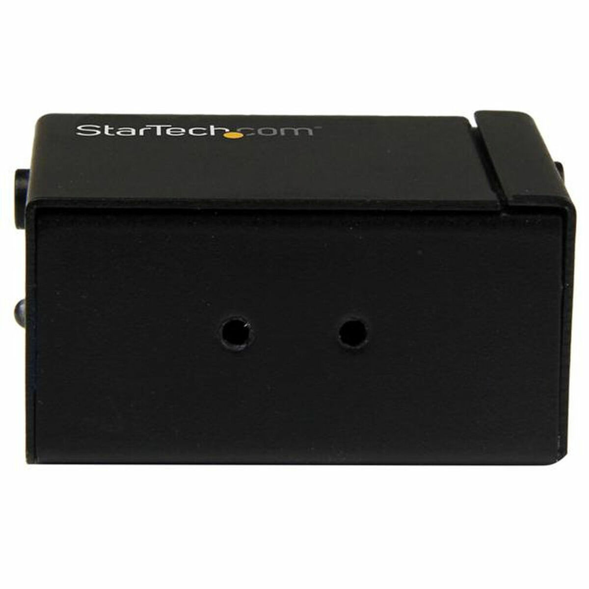 Primer plano de un dispositivo rectangular negro con dos agujeros. La marca es StarTech.com.