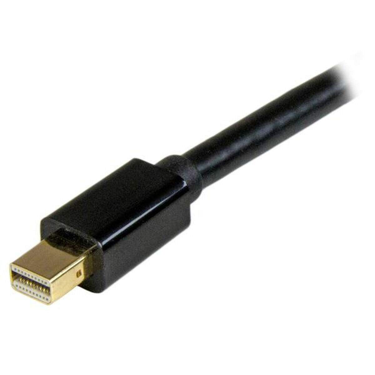 Cable Mini DisplayPort negro con conector dorado sobre fondo blanco.