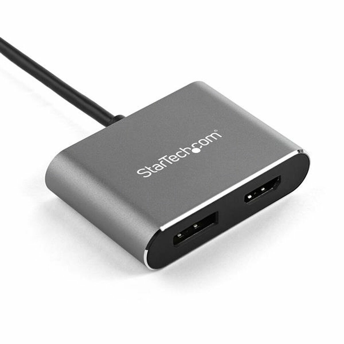 Adaptador de video gris con puertos HDMI y cable, sobre fondo blanco.