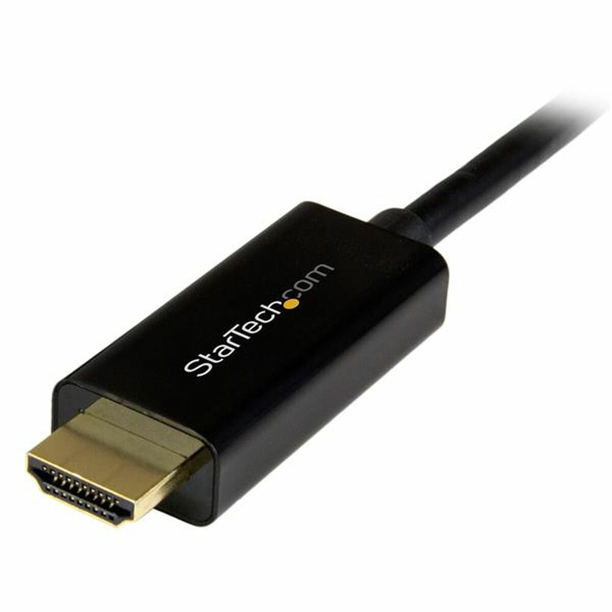 Conector de cable HDMI negro con pines dorados.