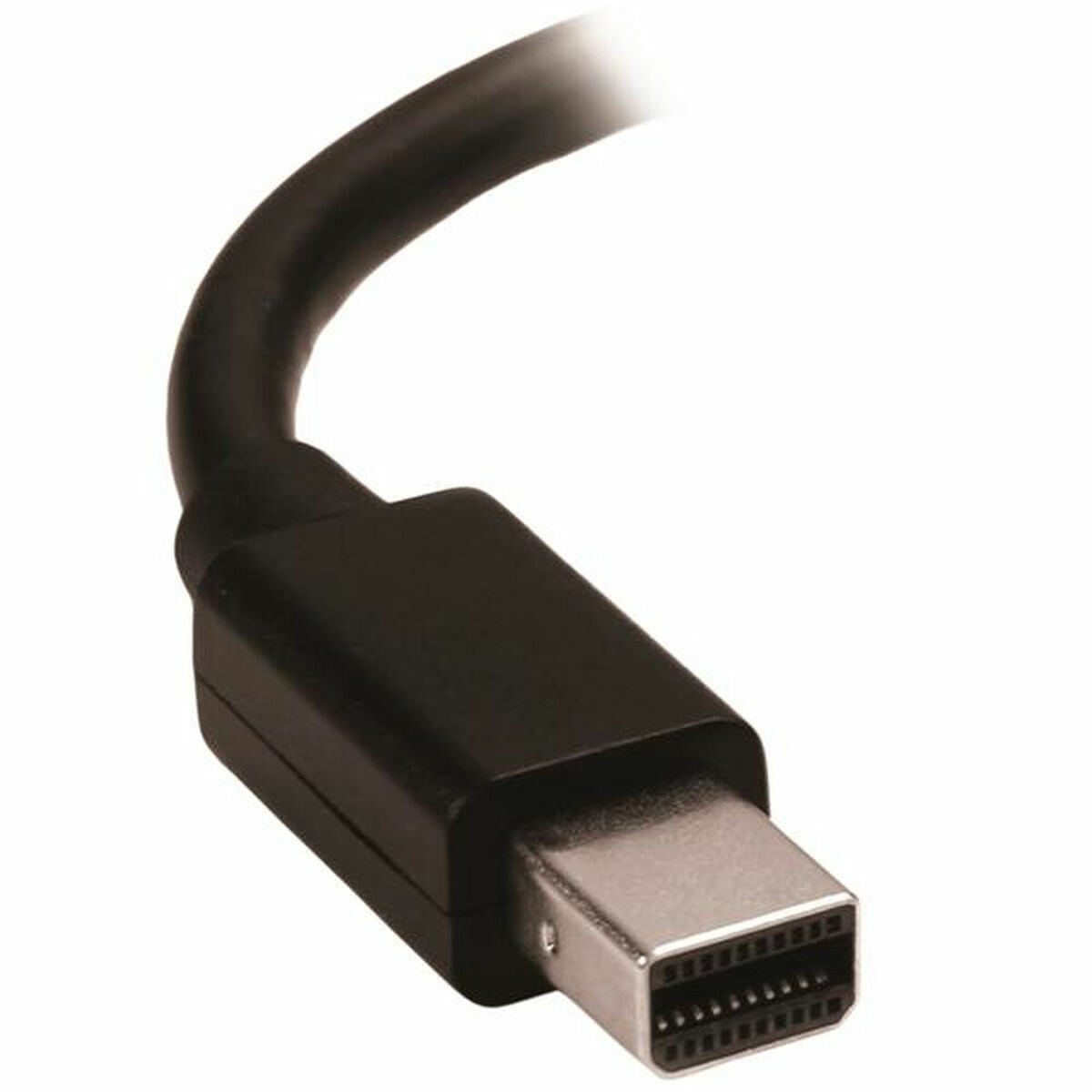 Primer plano de un conector negro con borde plateado, que es un mini-displayport.