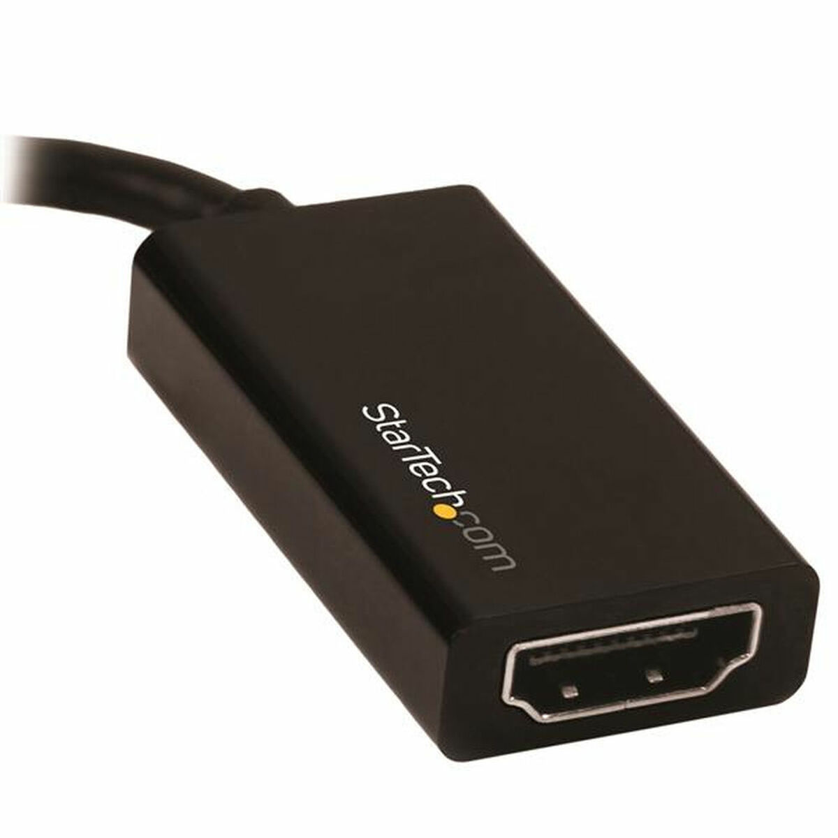 Adaptador HDMI negro con texto blanco, con fondo blanco.