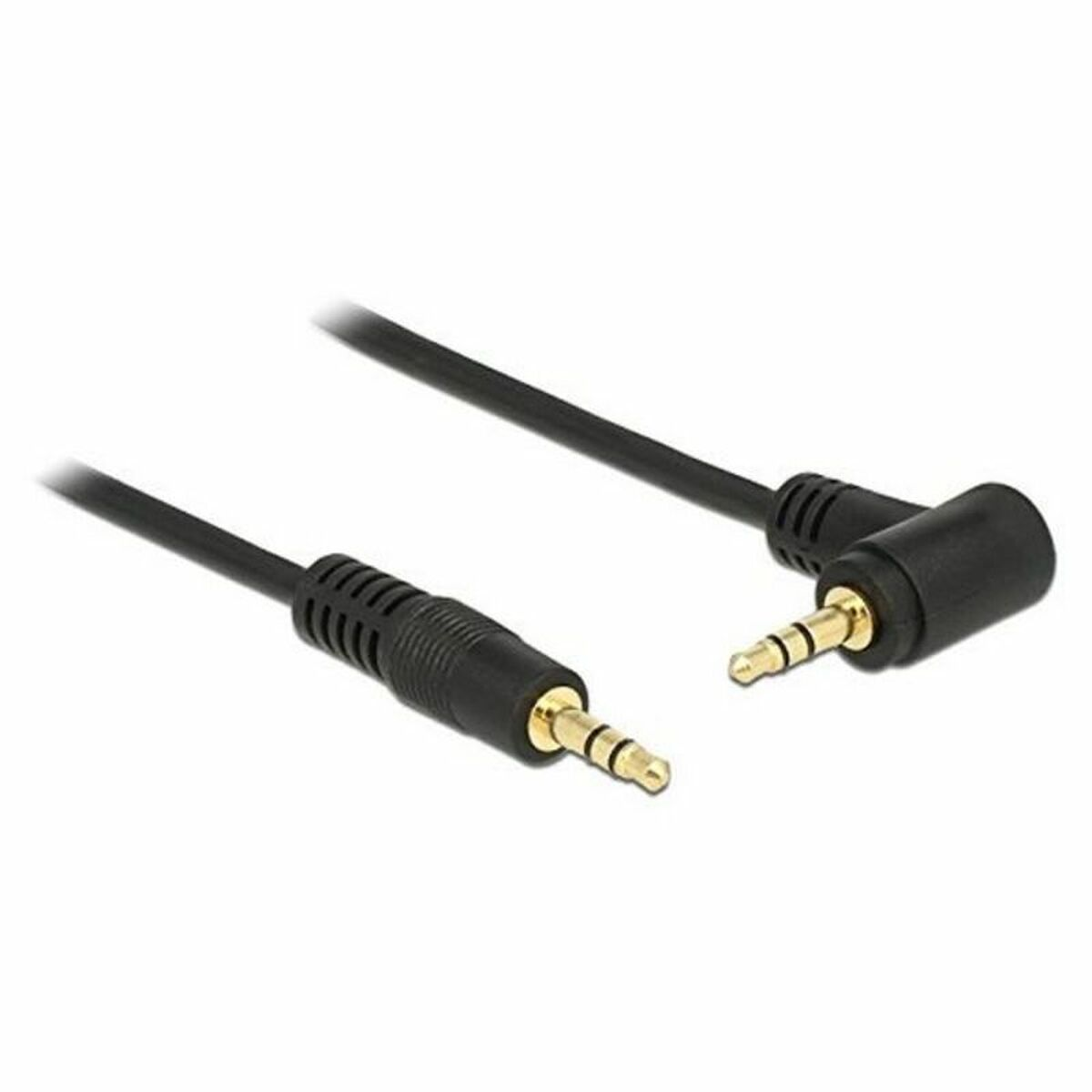 Cable de audio negro con dos conectores jack de 3,5 mm, uno recto y otro en ángulo. Fondo blanco liso.