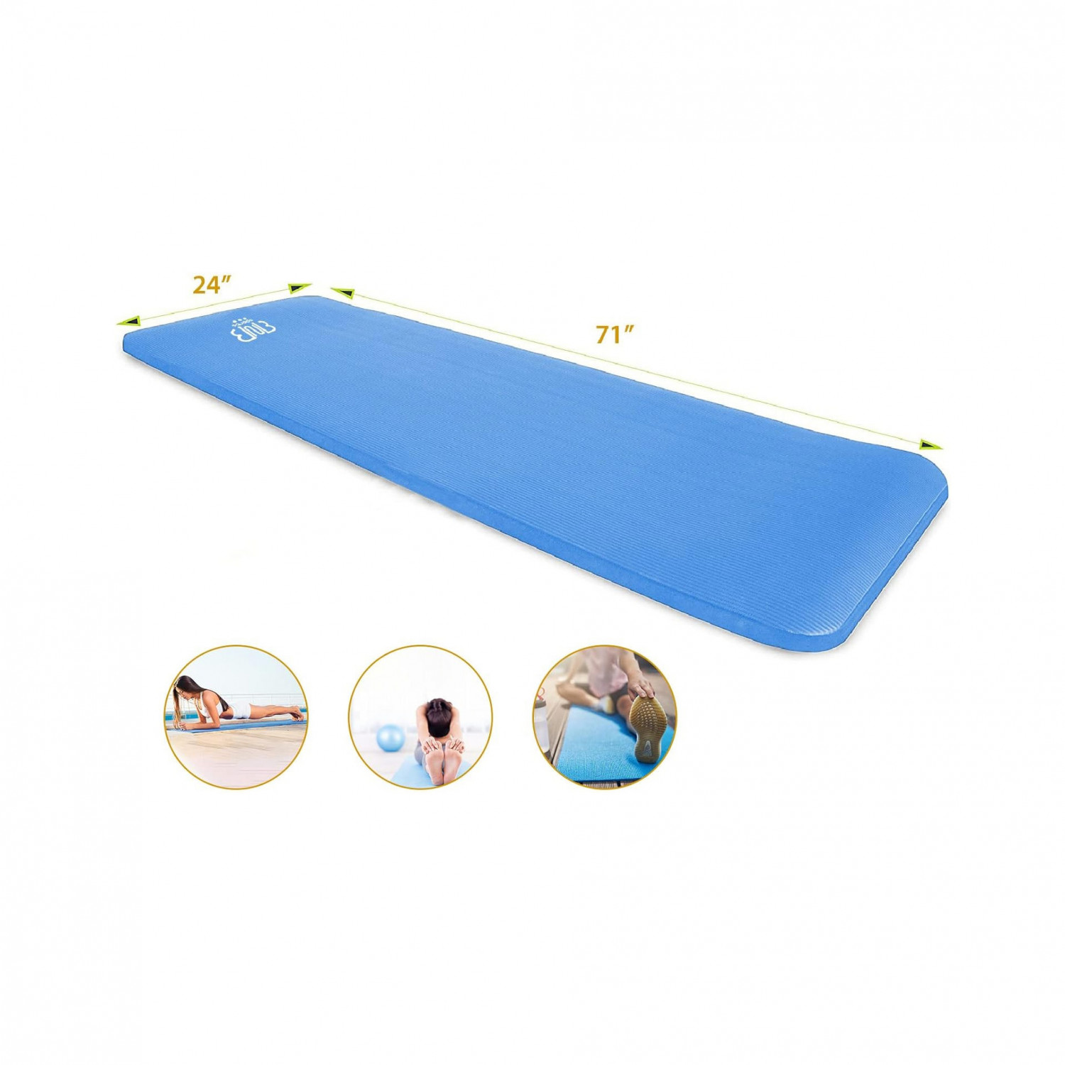 Eine blaue Yogamatte. Sie ist 71 Zoll lang und 24 Zoll breit. Es gibt drei kleine Einsetzbilder.