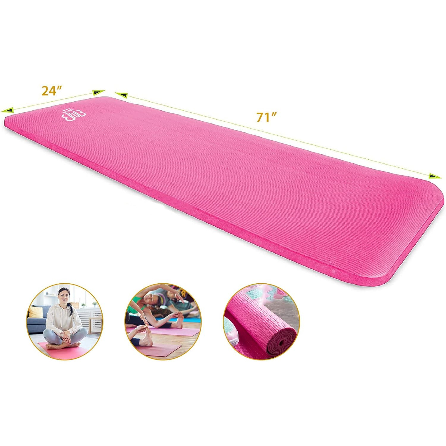 Eine rosa Yogamatte mit den Maßen: 24" breit und 71" lang. Ausschnitte zeigen Yoga-Posen.