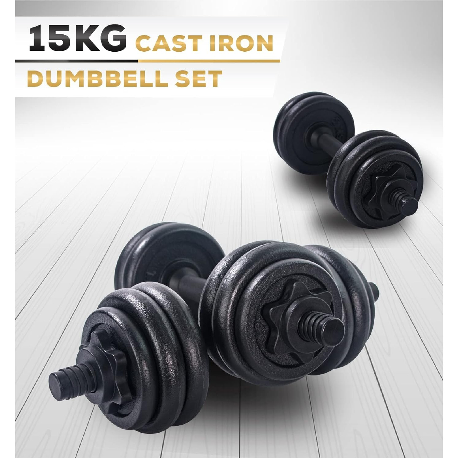 Ein Set schwarzer Gusseisen-Kurzhanteln. Sie liegen auf einem Holzboden. Der Text '15KG GUSSEISEN-HANTEL-SET' steht darüber.