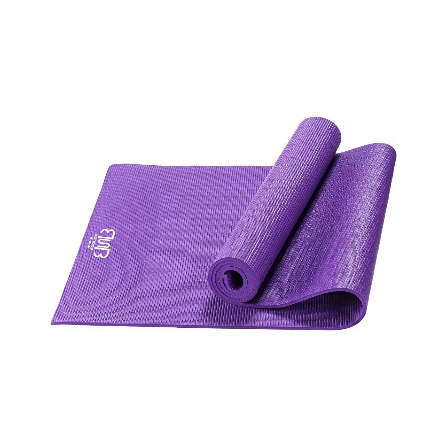 Eine aufgerollte lila Yogamatte und eine weitere lila Matte auf weißem Hintergrund.
