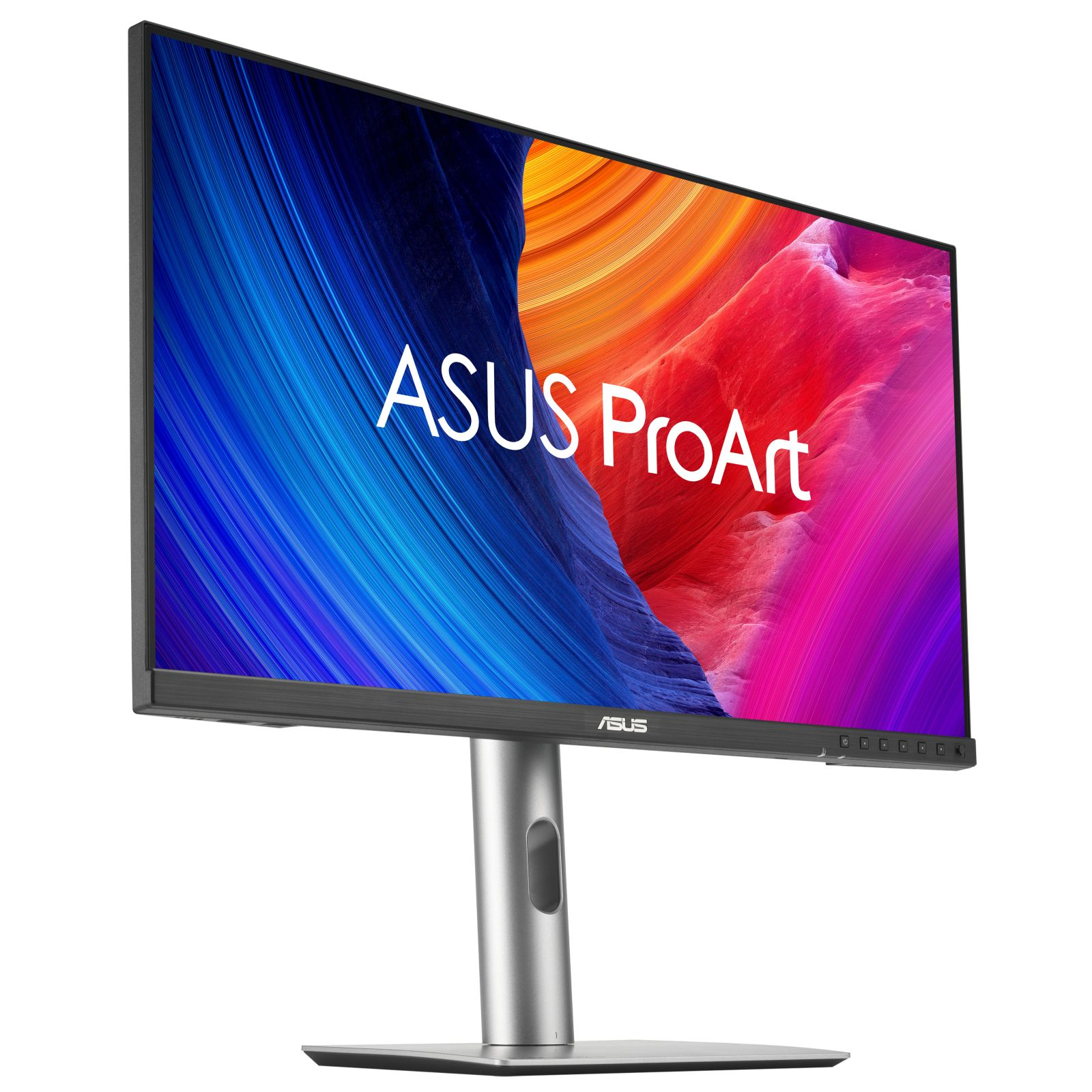 Le moniteur ASUS ProArt est incliné sur le côté, montrant une image abstraite colorée.