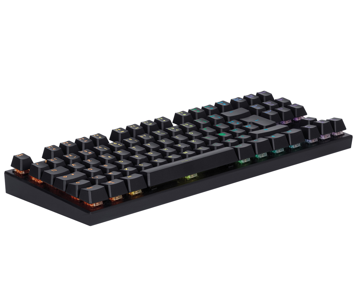 Schwarze Tastatur mit bunten, beleuchteten Tasten. Die Tasten sind im QWERTZ-Layout angeordnet.