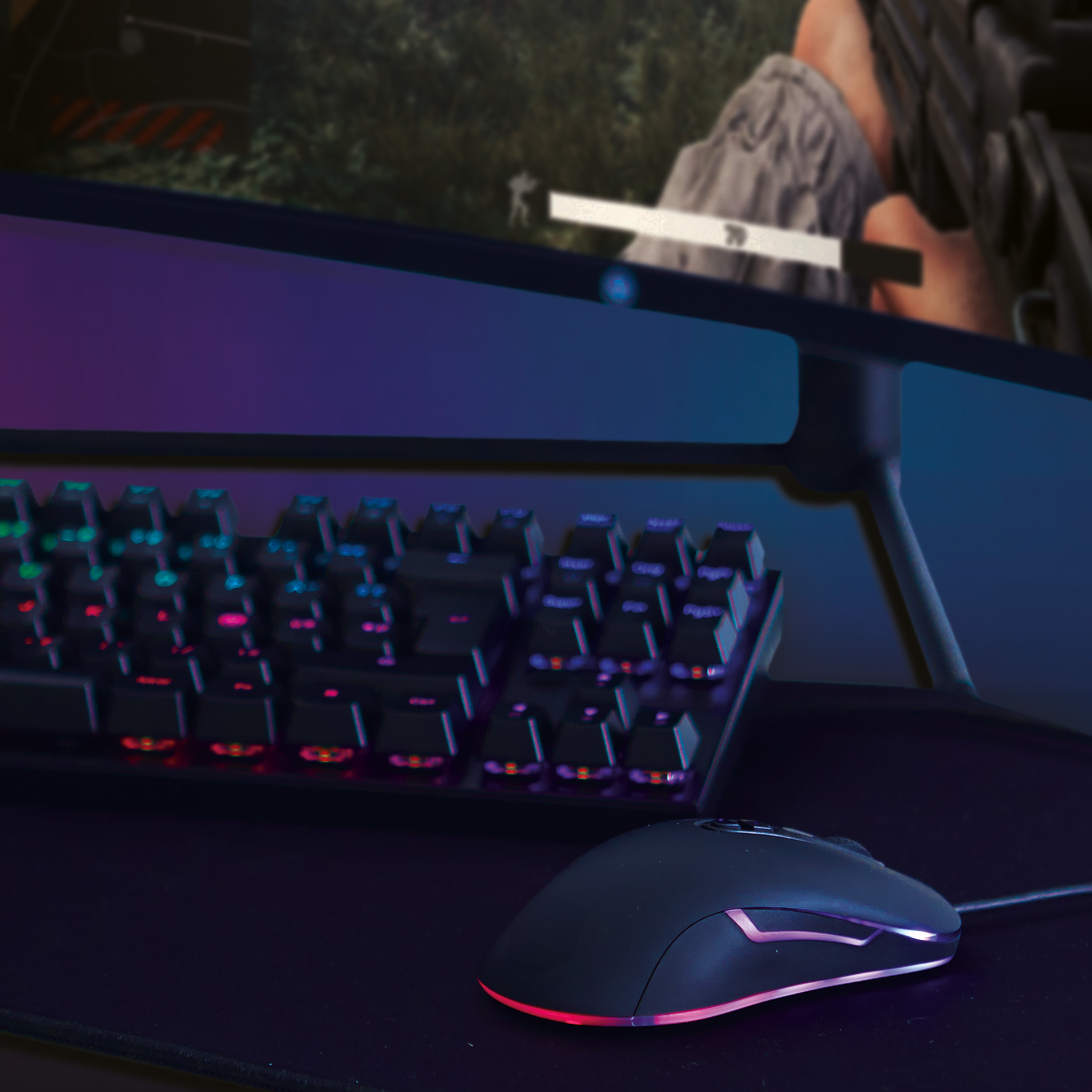 Ein Gaming-Setup: Tastatur, Maus und Monitor, der eine Spielszene anzeigt.