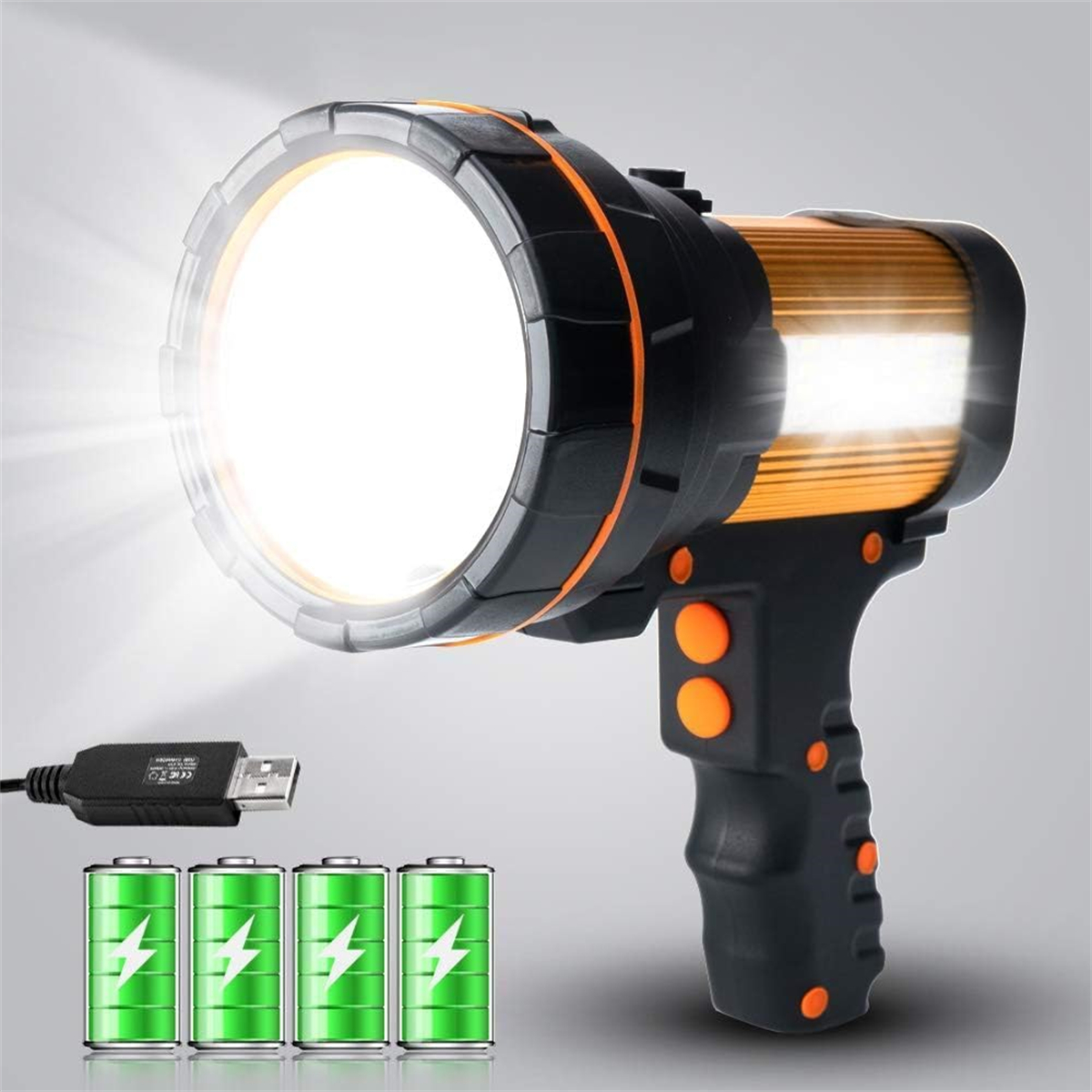 Eine leistungsstarke Taschenlampe mit hellem Licht, vier Batteriesymbolen und einem Ladekabel.