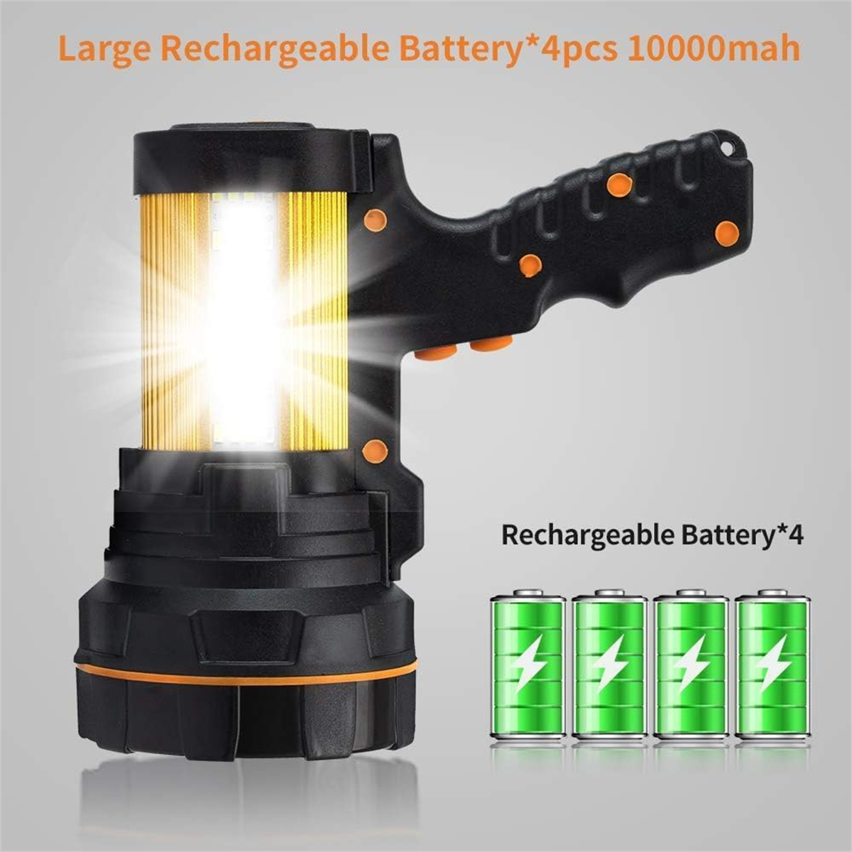 Große, schwarze Taschenlampe mit hellem Licht und vier grünen Akkus.
