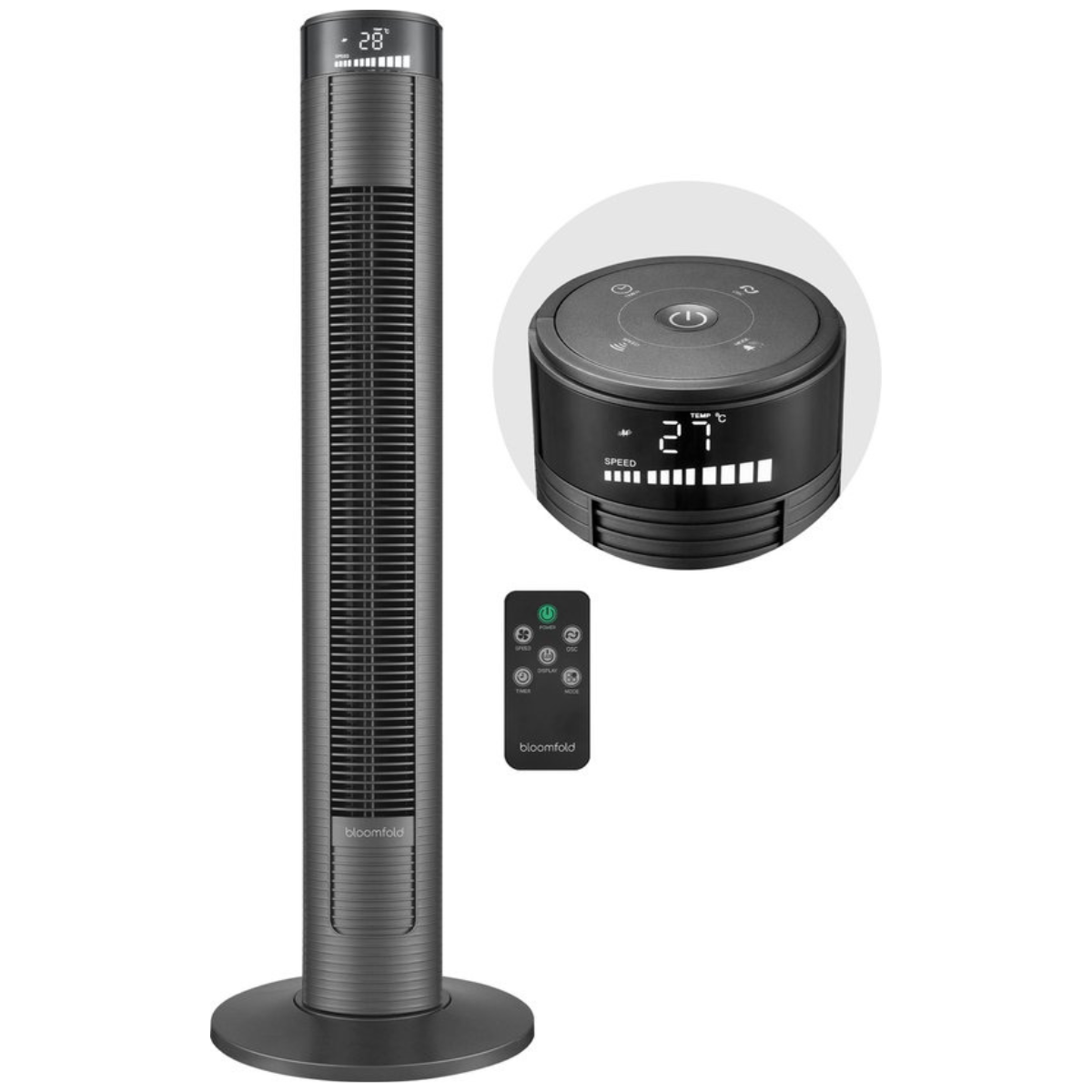 Dunkelgrauer Turmventilator mit Digitalanzeige, Fernbedienung und weißem Hintergrund.