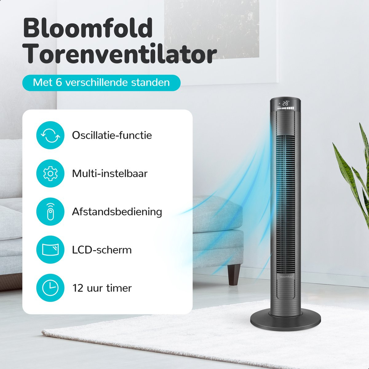 Ein schwarzer und grauer Turmventilator mit Textbeschriftungen. Der Ventilator steht auf einem weißen Teppich. Textdetails Merkmale.