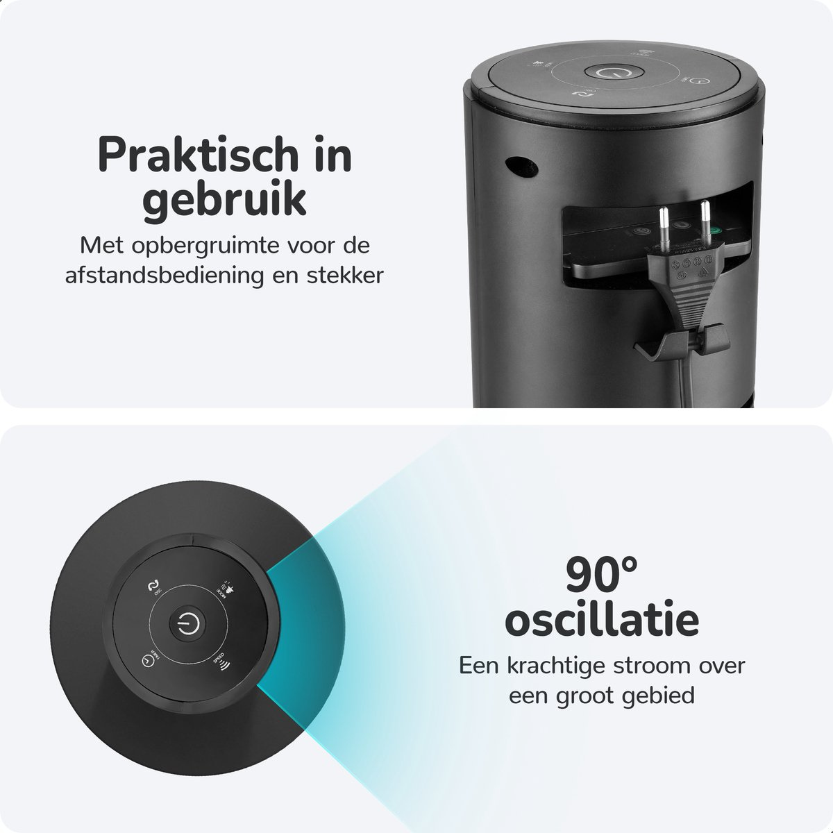 Schwarzer Ventilator mit niederländischem Text, der seine Funktionen und einen 90-Grad-Schwenkbereich zeigt.