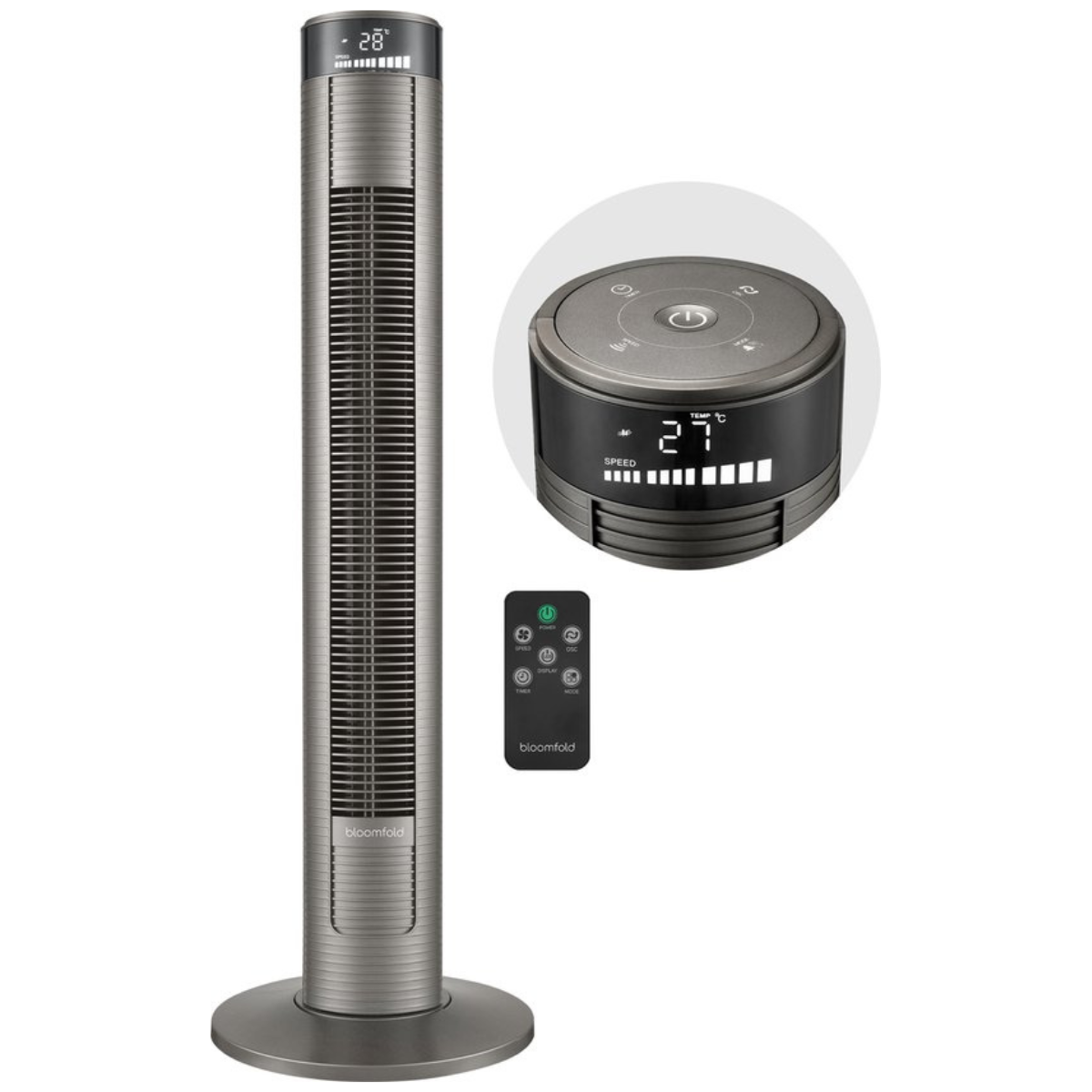 Silberner Turmventilator mit Bedienfeld, Fernbedienung und Digitalanzeige.