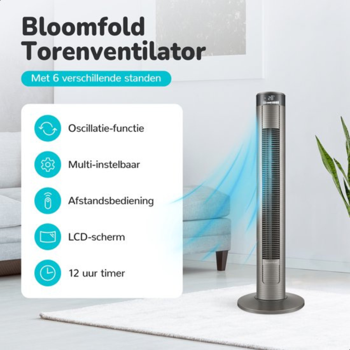 Ein silberner Turmventilator mit Text und Symbolen. Der Ventilator befindet sich in einem Raum mit Couch und Teppich.