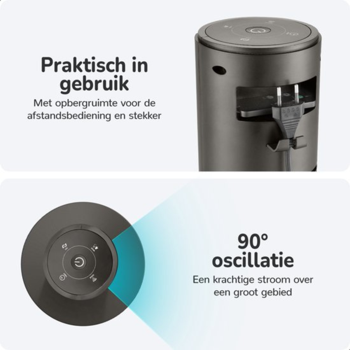 Dunkelgrauer Ventilator mit Text über Funktionen und Stecker.