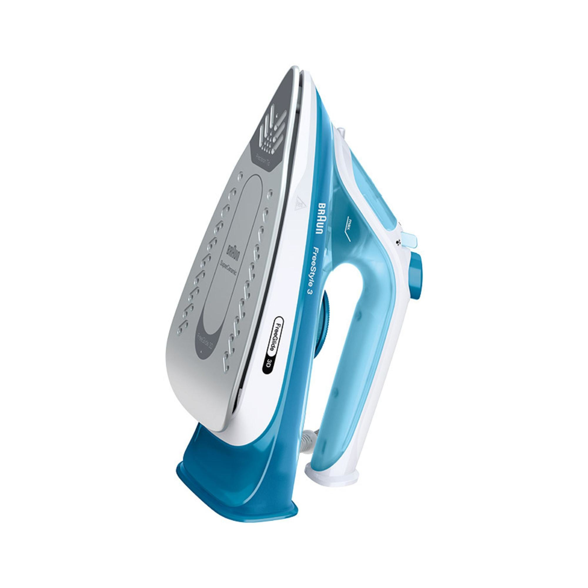 Blue and white Braun iron standing upright, white background.