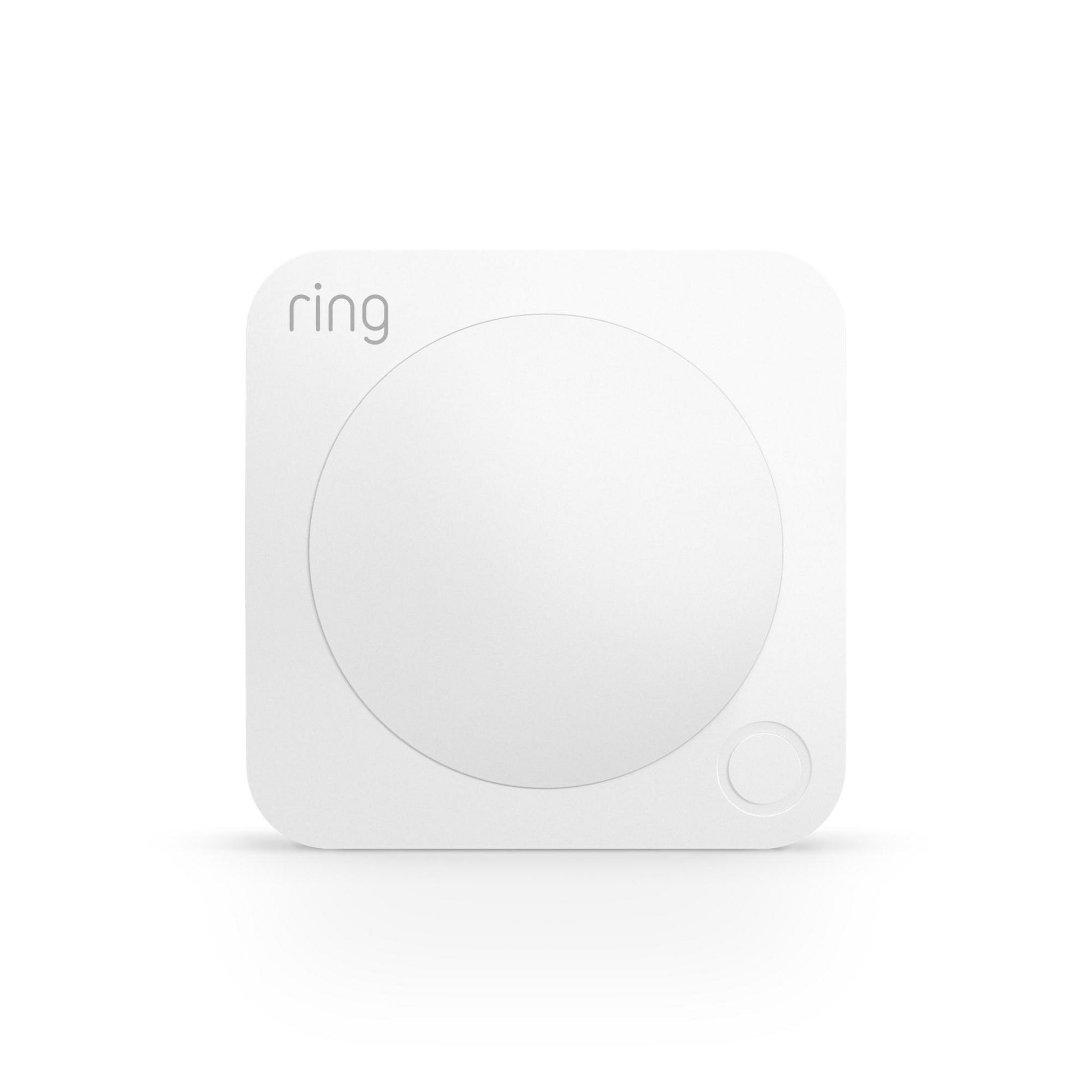 Dispositivo cuadrado blanco Ring con un círculo central y un botón pequeño.