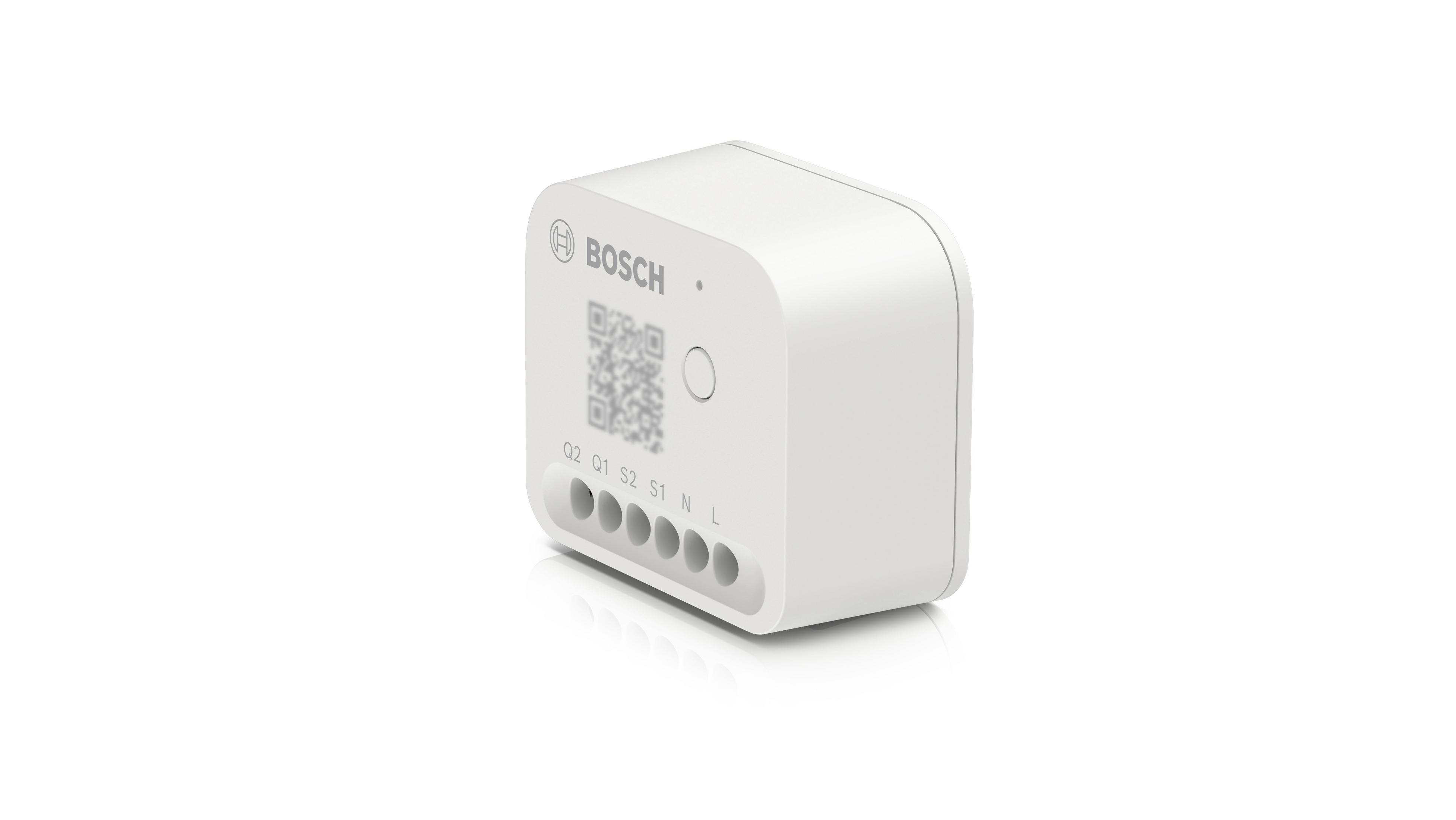 Weißes Smart-Home-Gerät mit Bosch-Logo, QR-Code und Anschlussports, auf weißem Hintergrund.