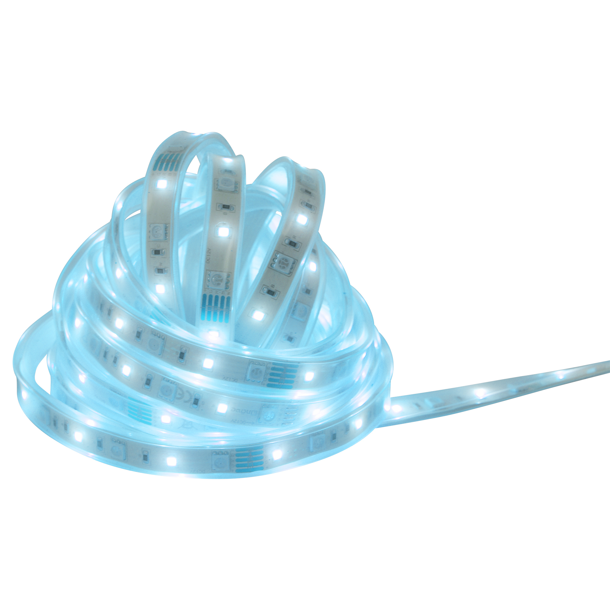Gerollte blaue LED-Streifen auf weißem Hintergrund. Die Lichter leuchten.
