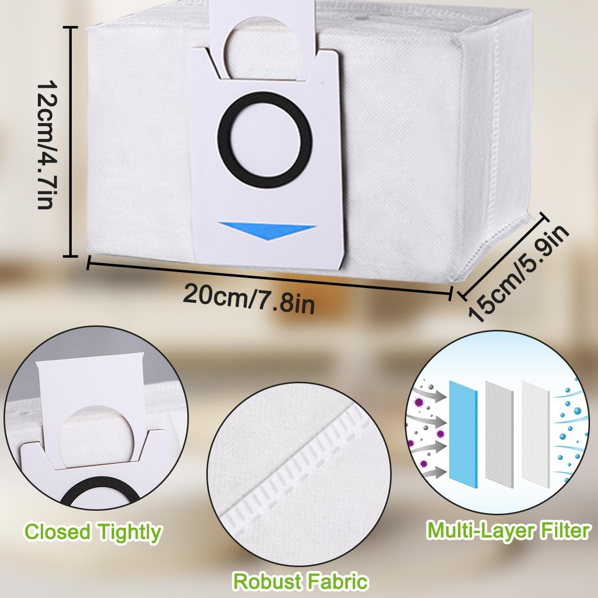 Worek do odkurzacza z wymiarami, przekrojem i opisanymi szczegółami.