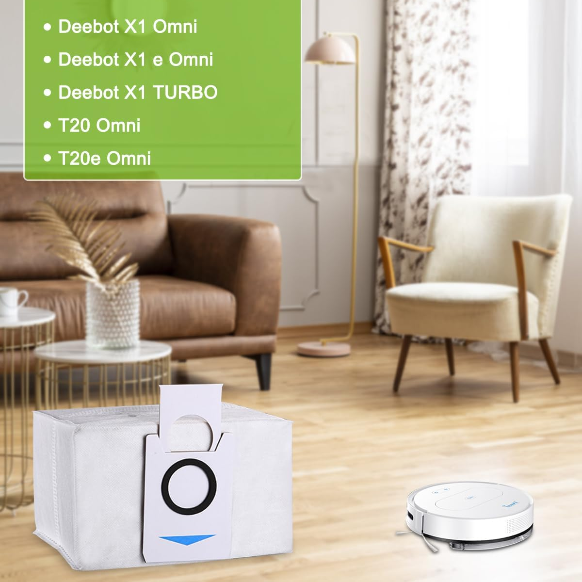 Odkurzacz robot i worek filtracyjny leżą na podłodze. Lista modeli odkurzaczy jest w rogu.