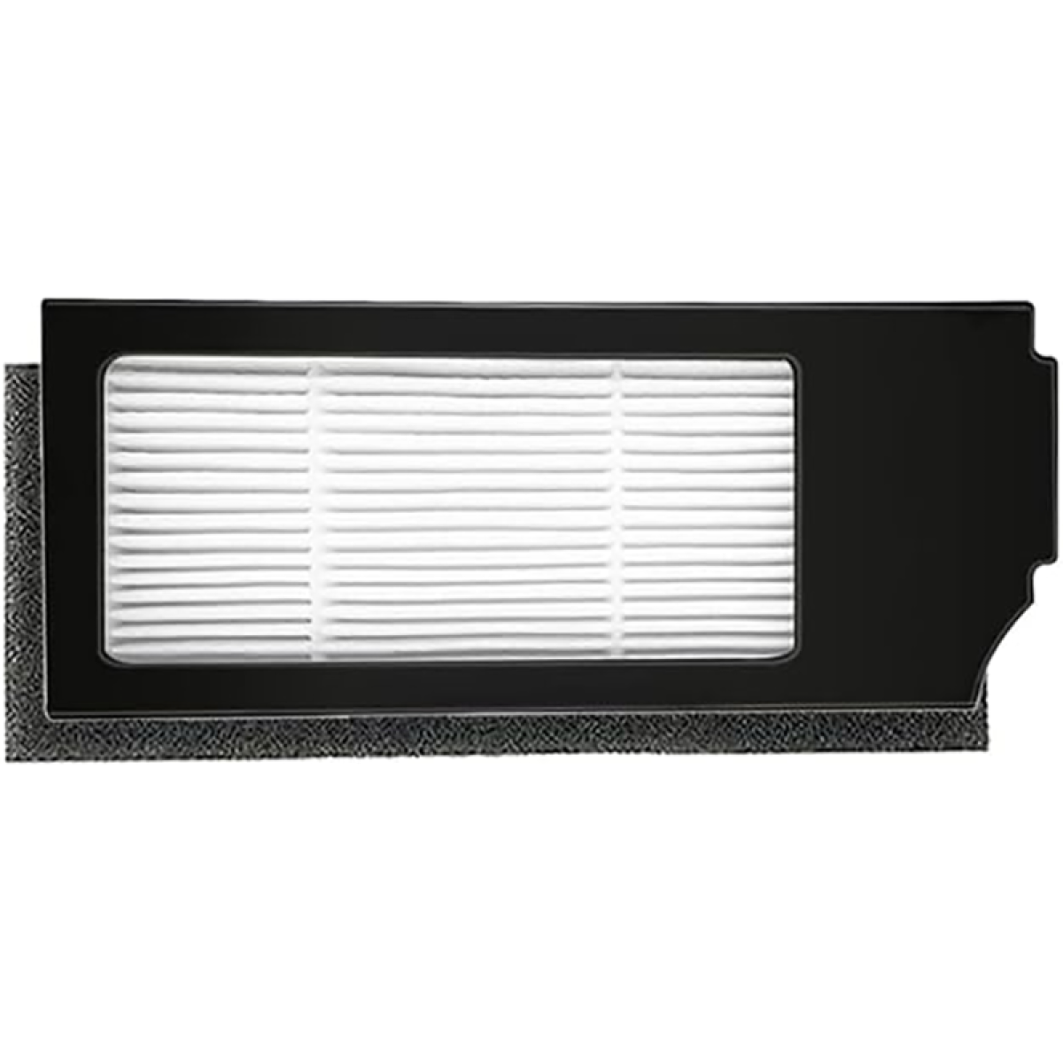 Czarny filtr z białym materiałem filtrującym w środku, na białym tle.