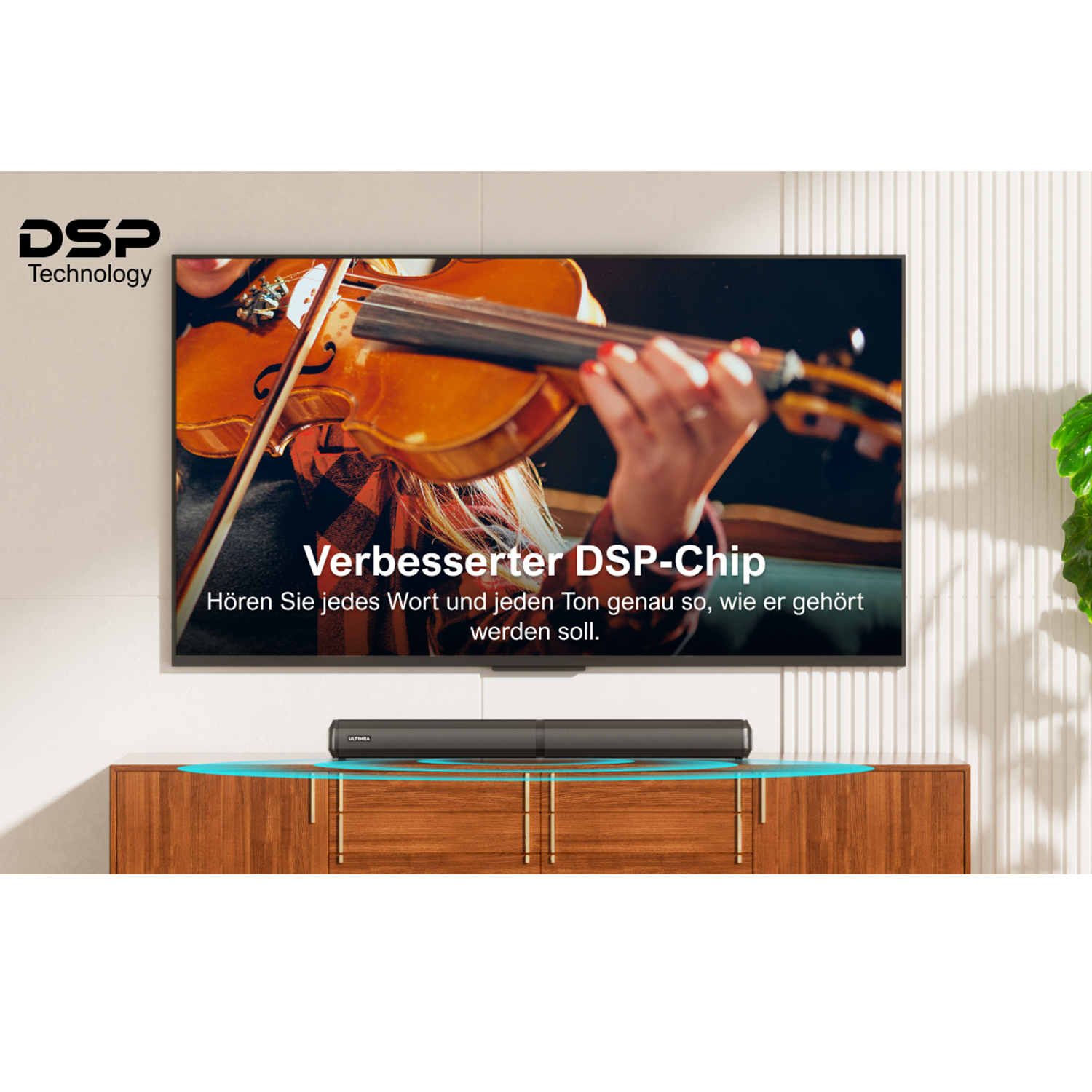 Ein Fernsehbildschirm mit einer Frau, die Geige spielt. Darunter befindet sich eine Soundbar auf einem Holzschrank.