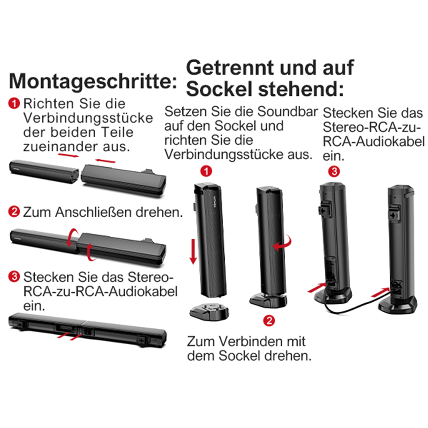 Anleitungsbilder, die zeigen, wie man eine Soundbar montiert.