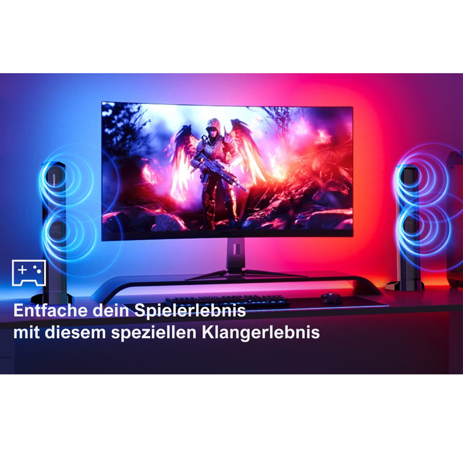 Ein Gaming-Setup mit einem gewölbten Monitor und Lautsprechern. Ein Spielcharakter ist auf dem Bildschirm.