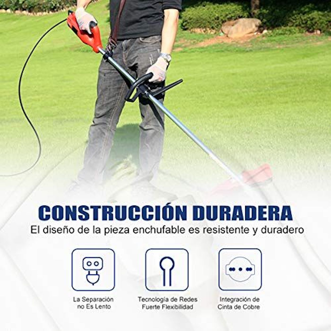 Un hombre usando una desbrozadora. La imagen tiene texto en español sobre construcción duradera.