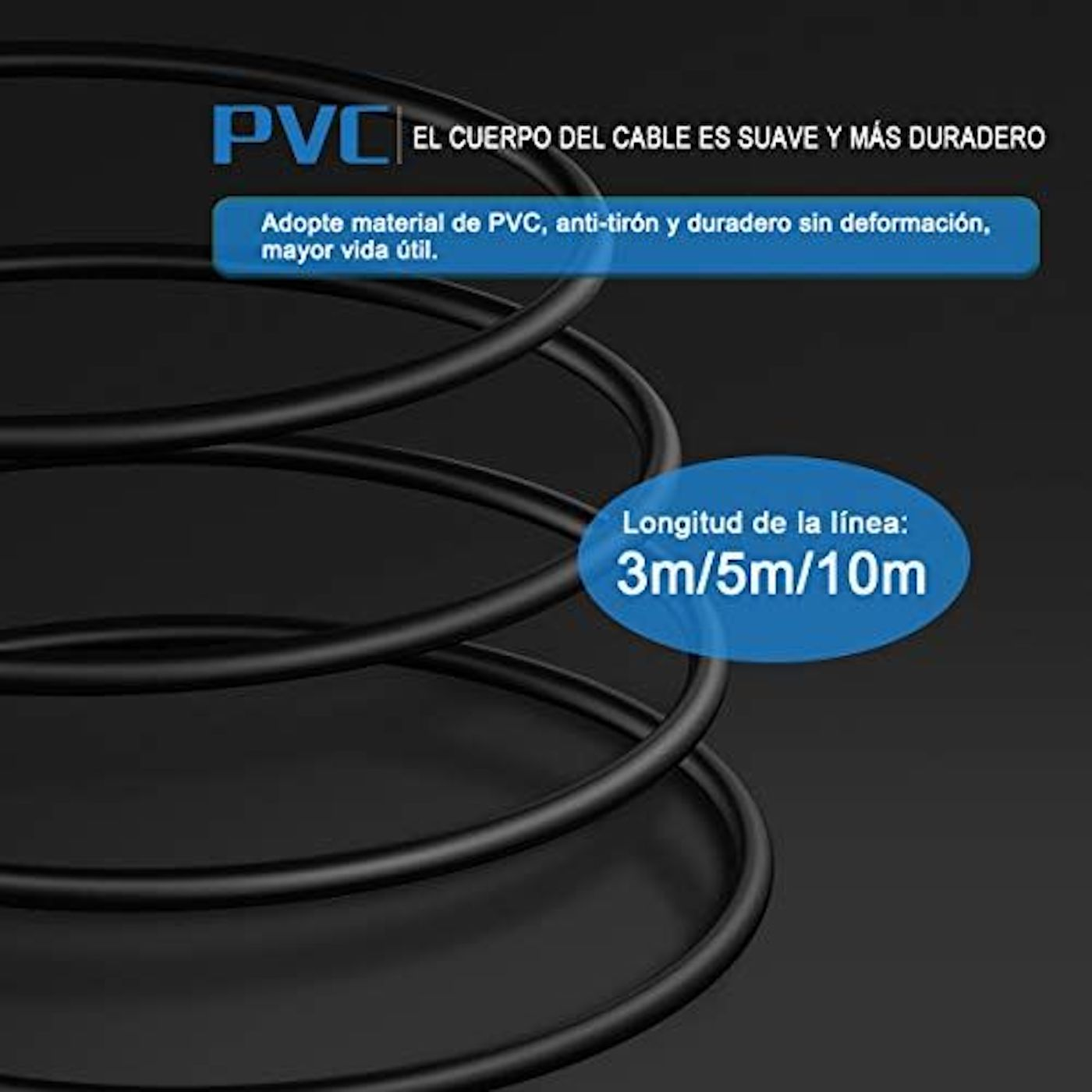 Cable negro con texto sobre durabilidad. El cable es curvo y tiene texto.