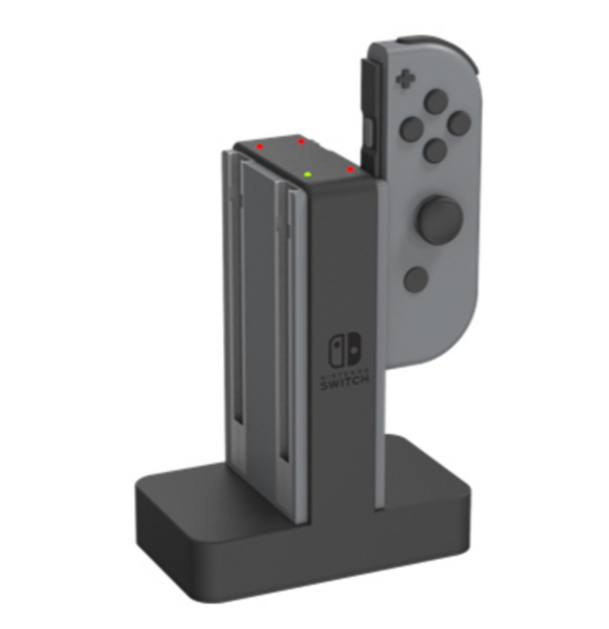 Dock di ricarica Nintendo Switch nero e grigio con un controller Joy-Con inserito.