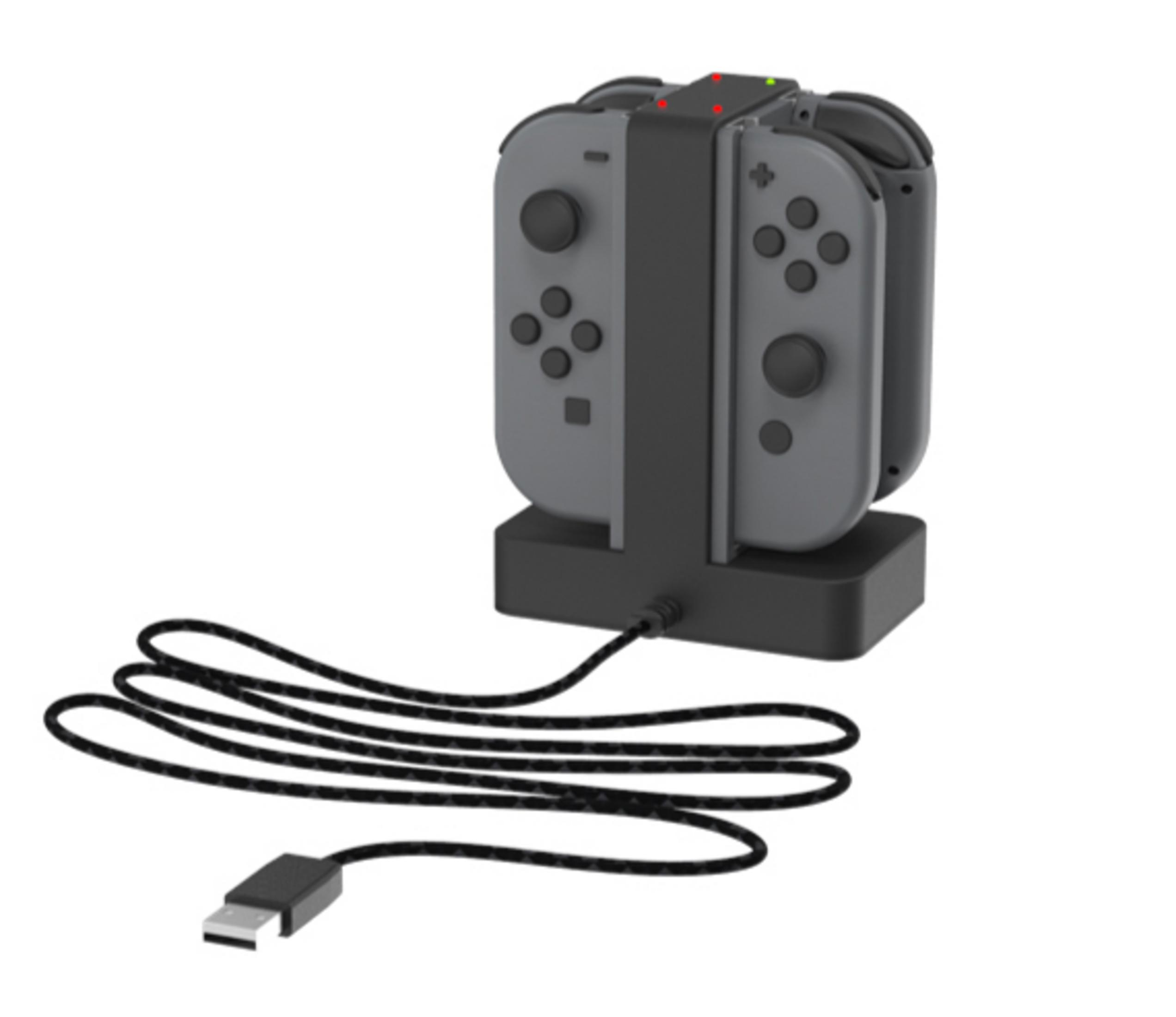 Dock di ricarica nero con due controller Joy-Con grigi per Nintendo Switch, collegati tramite un cavo USB nero.