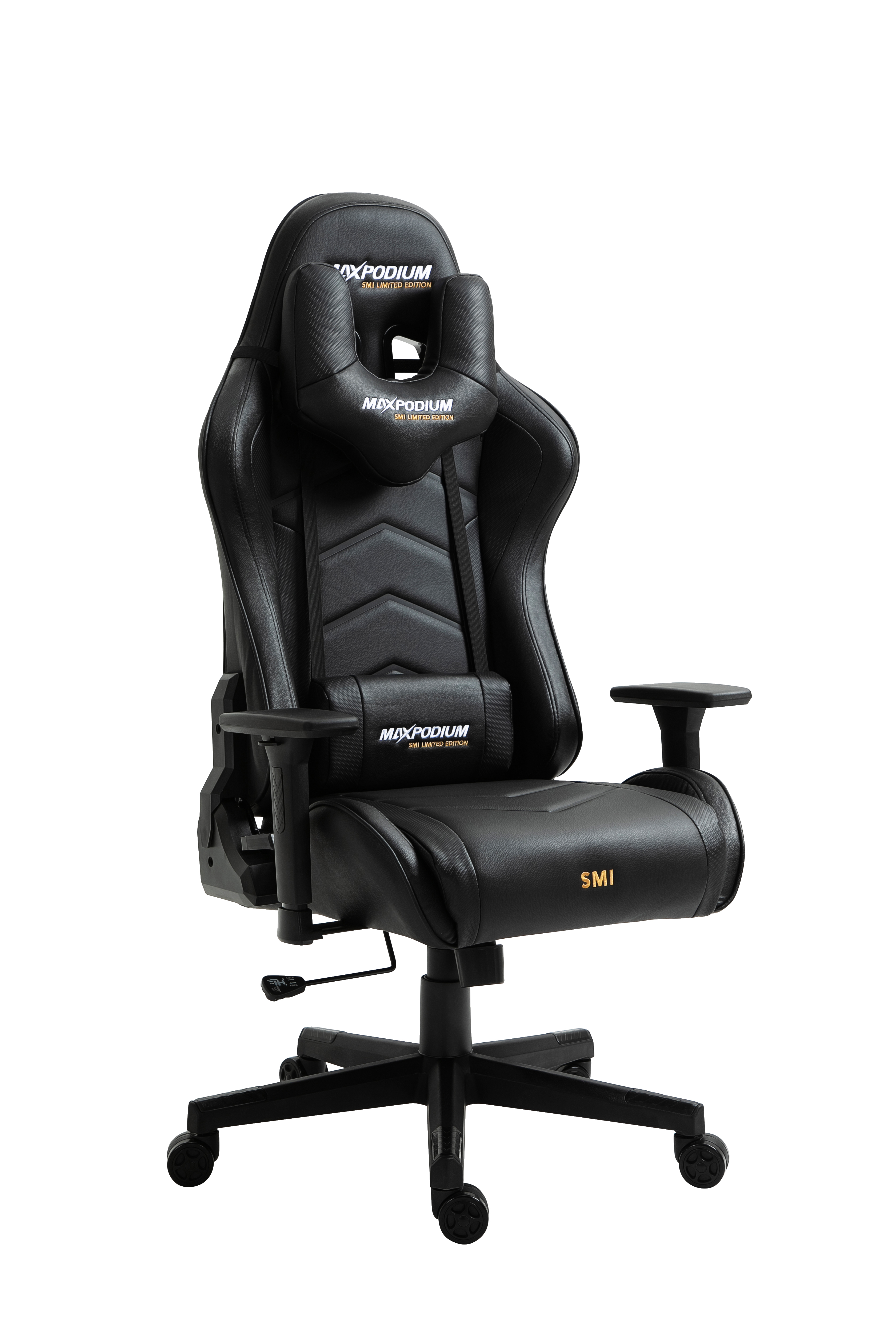 Une chaise de jeu noire avec un appui-tête, un support lombaire et des roulettes.