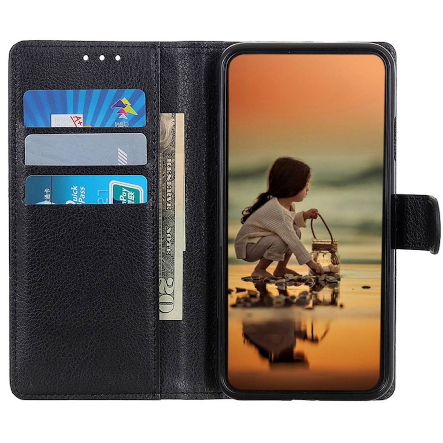Schwarze Handyhülle mit einem Telefon. Im Inneren des Gehäuses befinden sich Karten und eine Rechnung. Strandszene auf dem Telefon.