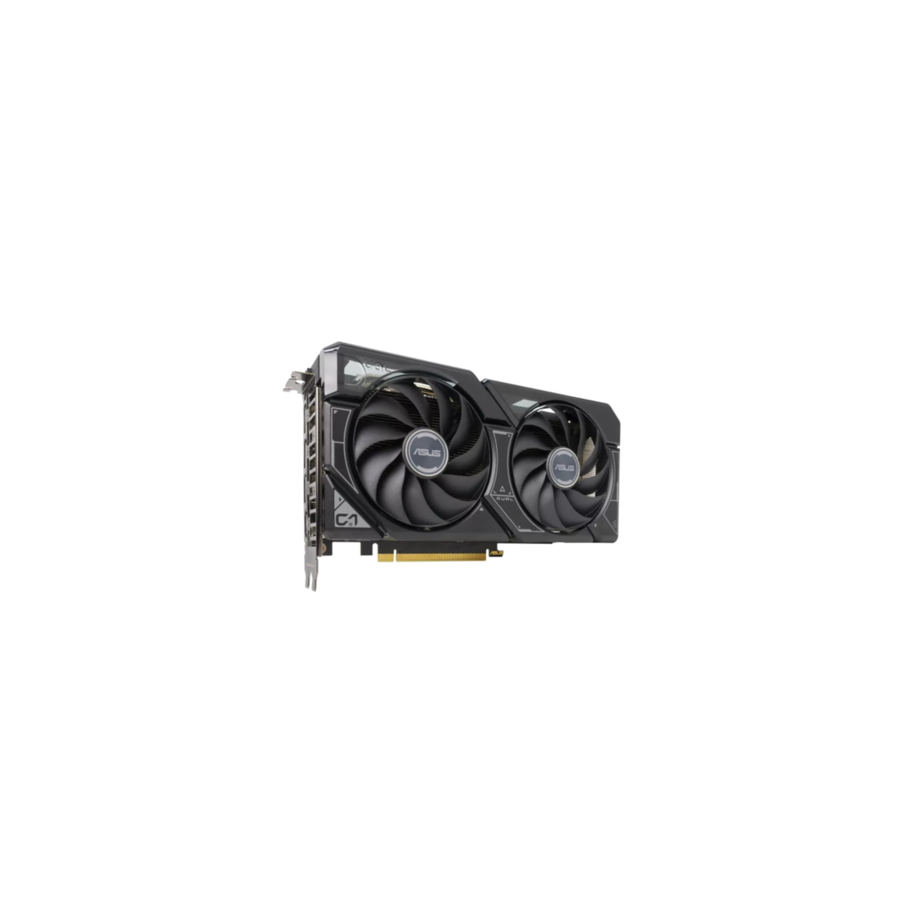 Una scheda grafica nera e grigia con due ventole. Il marchio ASUS è sulla ventola.