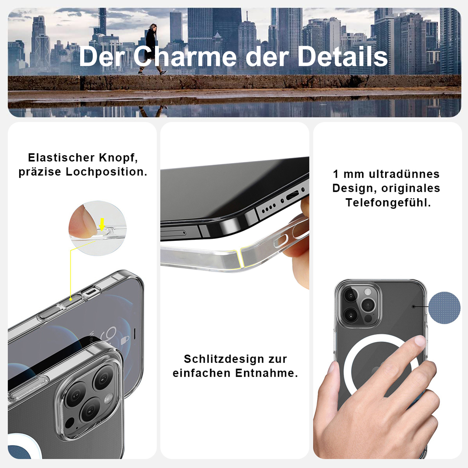 Nahaufnahmen einer transparenten Handyhülle. Die Hülle zeigt Details wie Taste, Rand und Rückseite des Telefons.
