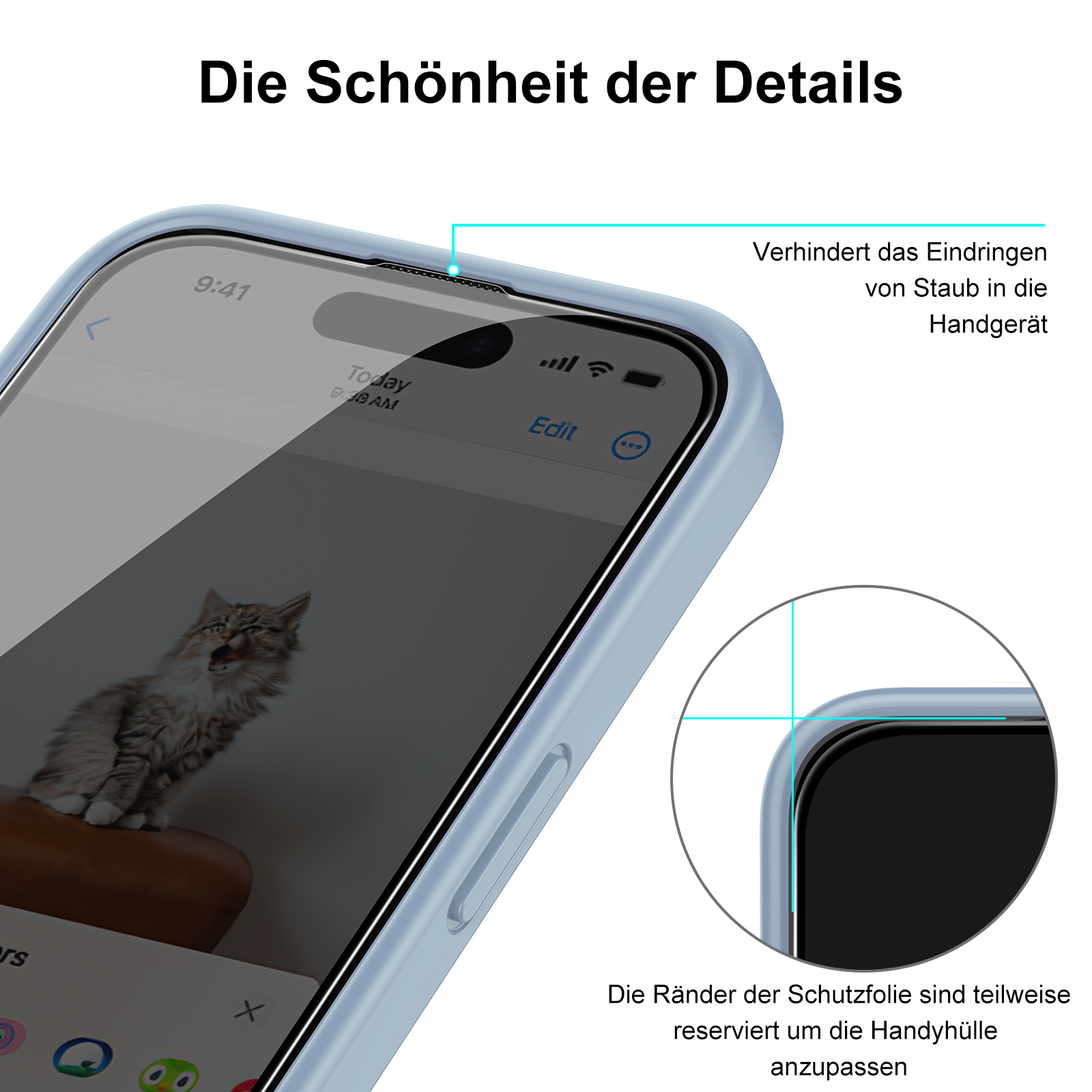 Ein Telefonbildschirm mit einem Katzenbild, mit einer blauen Schutzhülle und Details.