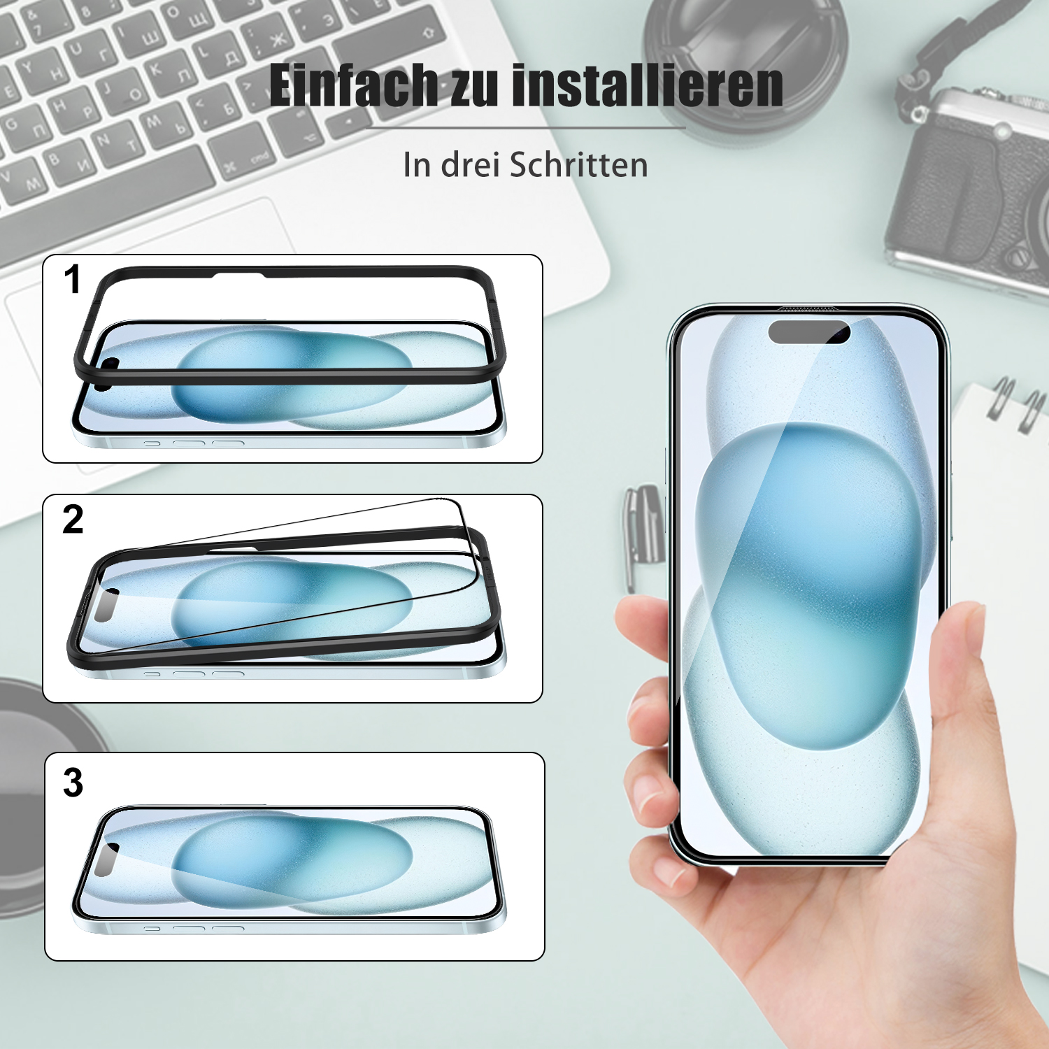 Schritt-für-Schritt-Anleitung: Anbringen einer Displayschutzfolie mit drei Bildern.