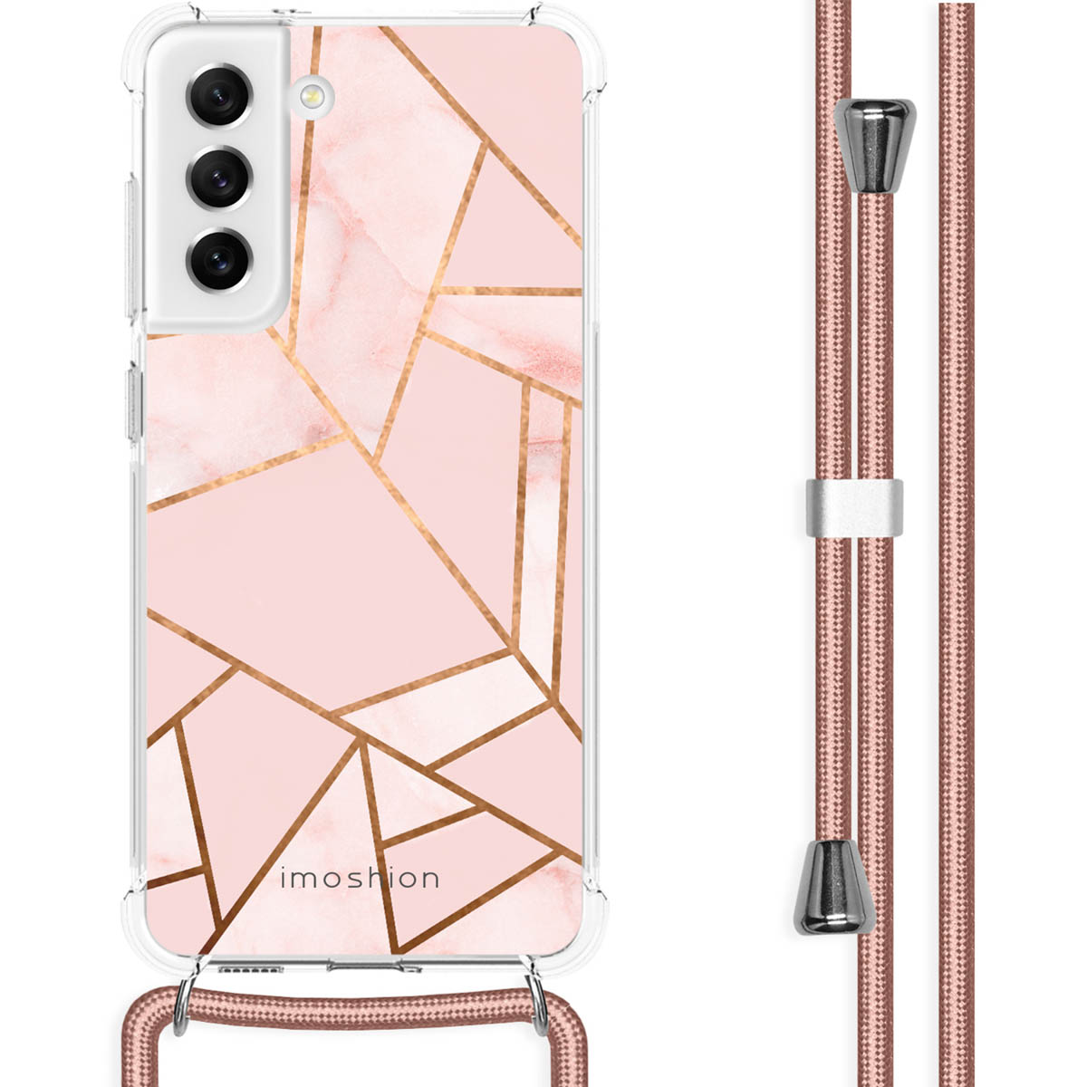 Een telefoonhoesje met een roze marmerontwerp en gouden lijnen. Een roze koord is bevestigd.