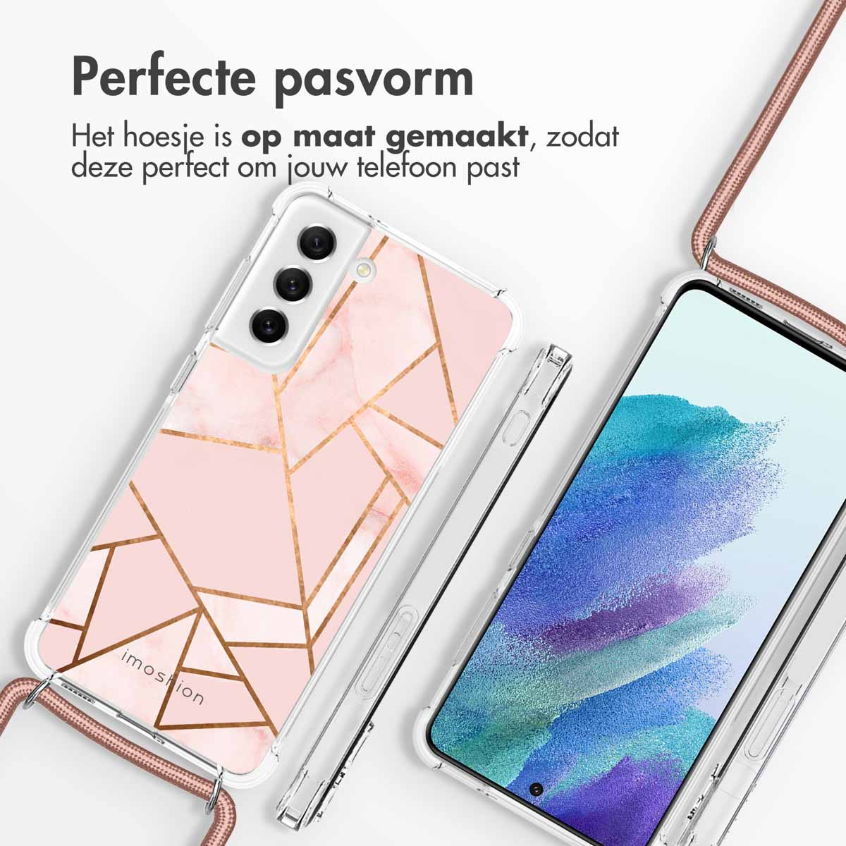 Telefoonhoesje met een roze marmerpatroon en gouden geometrische lijnen, twee telefoons.