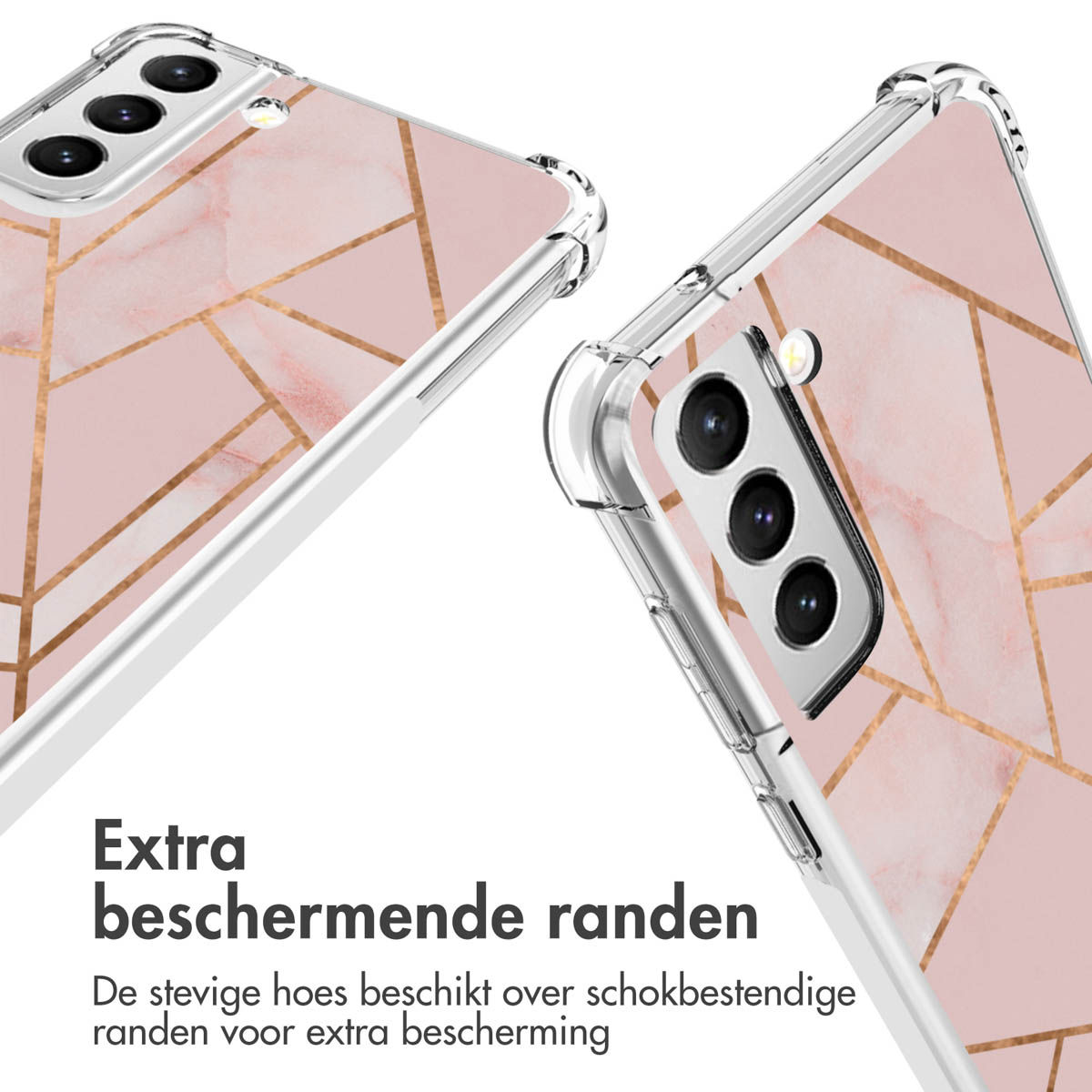 Twee telefoonhoesjes met roze marmerdesign. De tekst zegt 'extra beschermende randen'.