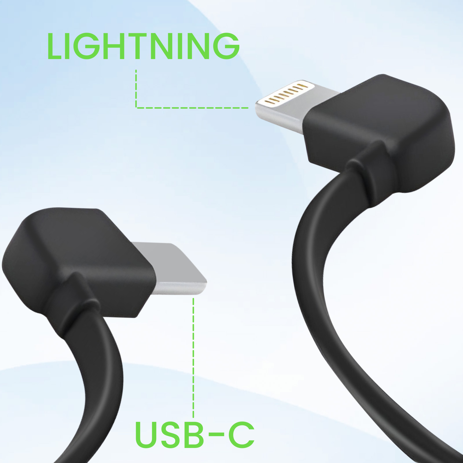 Schwarze USB-C- und Lightning-Kabelstecker mit grünen Etiketten.