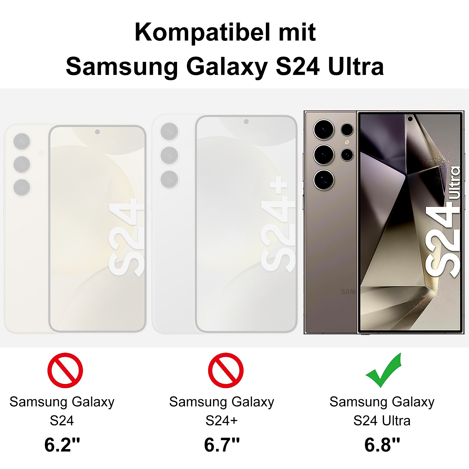Drei Telefone mit unterschiedlichen Größen, Vergleich von Samsung Galaxy S24, S24+ und S24 Ultra mit Größen.